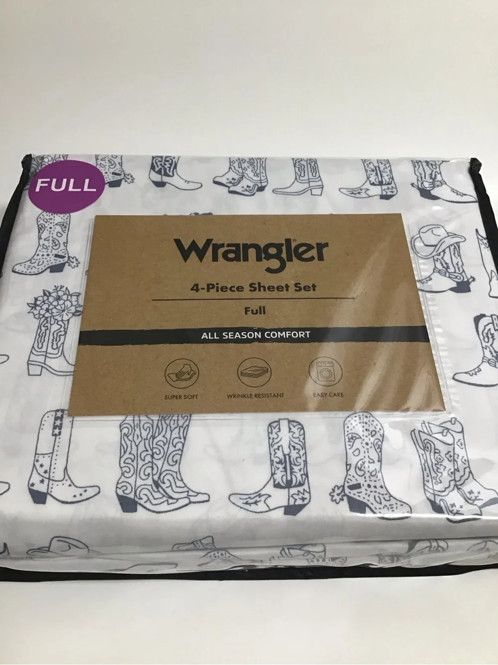 Wrangler FULL SHEET SET 4-pc Cowboy Hats Boots Western Ranch Line Dance Blue NEW